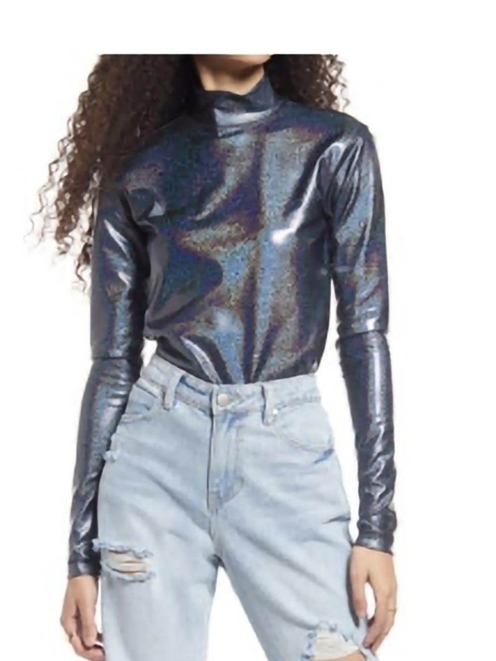 Metallic Navy Long-Sleeve Mock Neck Top XL